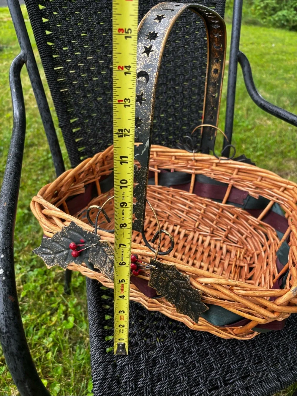 Rustic Wicker Basket with Black Handle and Berry Accents holiday Christmas